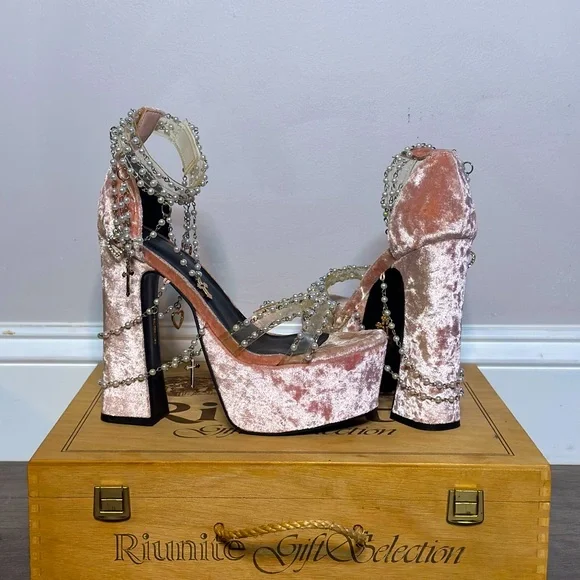 Sugar Thrillz Holy Revelation Heels Baby Pink Crushed Velvet w Pearls  Crosses